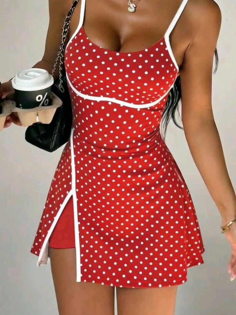 Red Polka Dot Mini Dress with White Trim